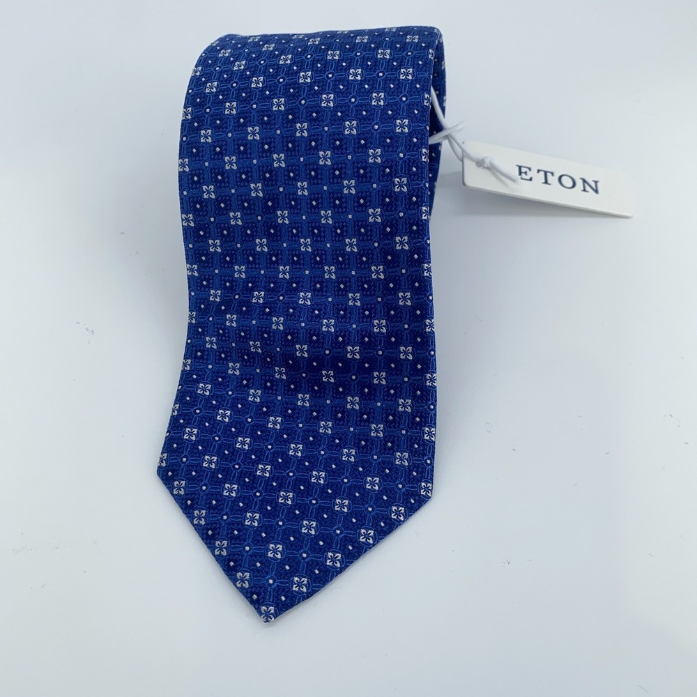 Eton Tie Mens One Size Blue Patterned Silk Classic Fit Necktie England‎ Made NWT